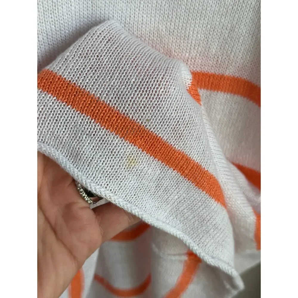 Eileen Fisher 100% Linen Striped Long Sleeve Pullover Sweater White Orange Small